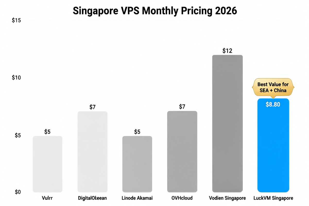 Singapore VPS monthly pricing comparison chart 2026 showing LuckVM at $8.80 as best value